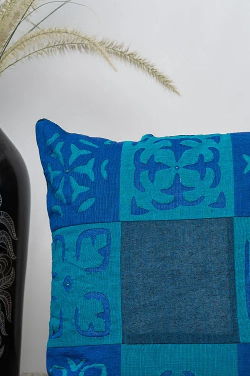 Craftroots Multi Patch Blue Applique Cushion Cover