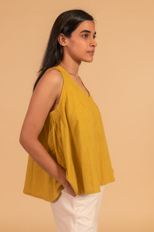 Moralfibre V Neck Incut Sleeves Top With Elasticated Side Panel From "Shapes Collection " - Mustard