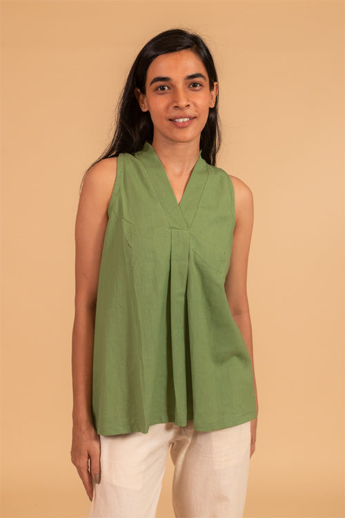 Moralfibre Over Lapping V Neck Incut Sleeve Top From "Shapes Collection " - Moss Green