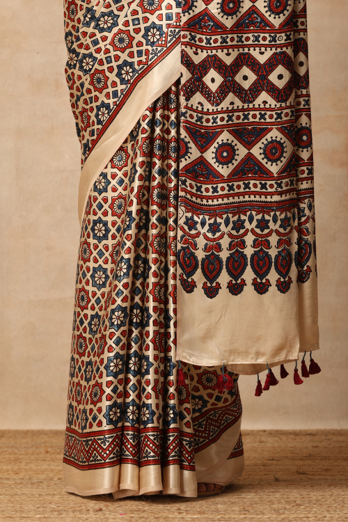 Tenaaro Ajrakh Hand Block Printed  Modal Sik Saree (Offwhite-16)