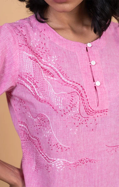 Okhai 'Hibiscus' Hand Embroidered Pure Cotton Kurta