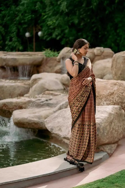 Craftroots Ajrakh All Over Floral Modal Saree With Tassels