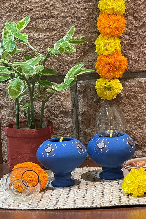 Antarang- Traditional Oil Lamps- Akhand Diyas- Blue(Set Of 2)