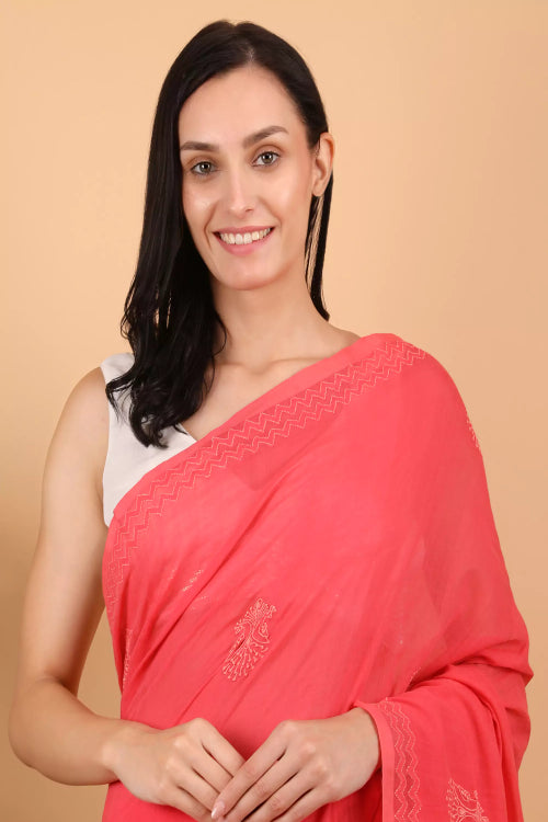 Shwet Women Coral Pink Hand Embroidered Chikankari  Mulmul Saree