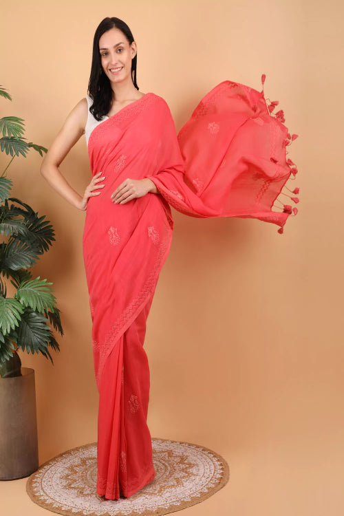 Shwet Women Coral Pink Hand Embroidered Chikankari  Mulmul Saree