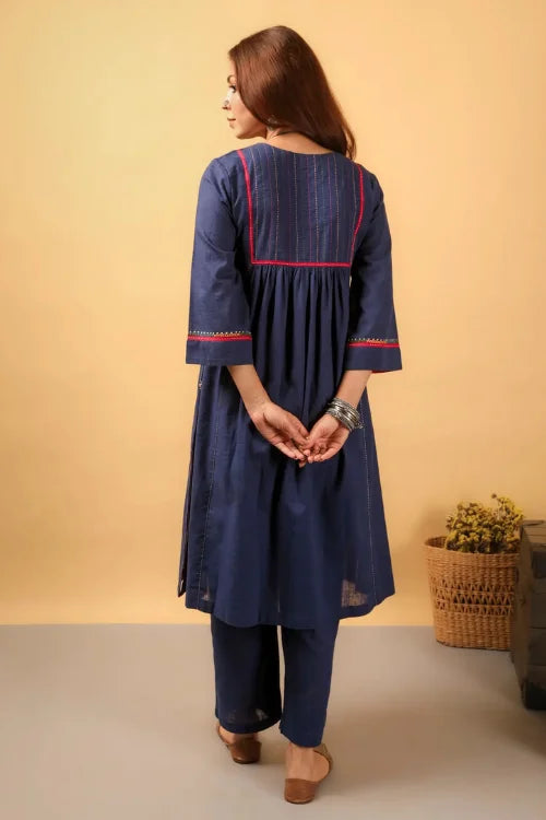 Rangsutra Kaanch Blue Front-Yoke Cotton Kurta With Pacca Hand Embroidery
