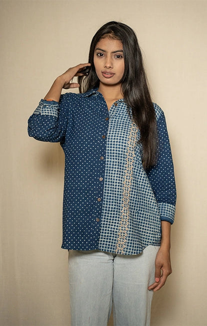 Moralfibre Indigo Print Shirt With Hand Embroidered Pannel
