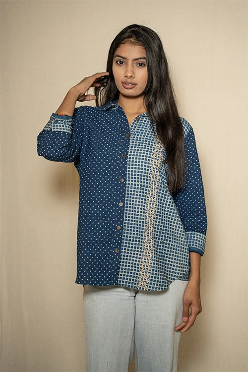 Moralfibre Indigo Print Shirt With Hand Embroidered Pannel