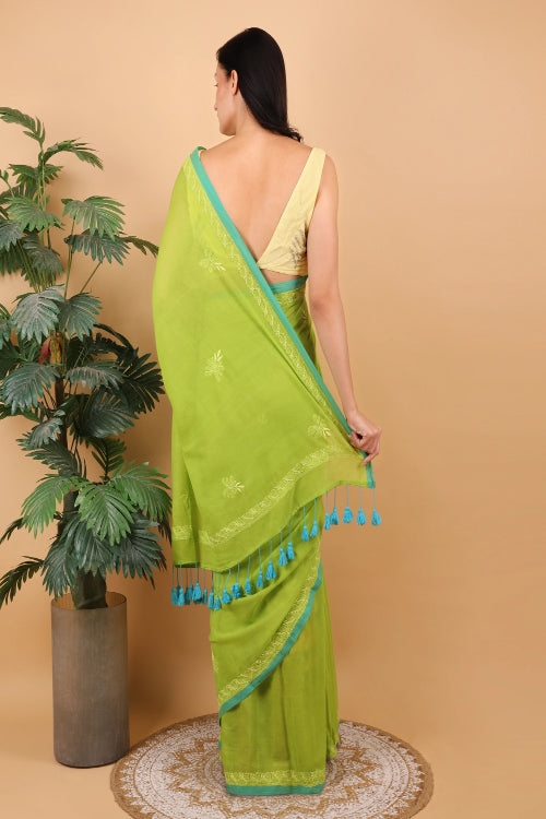 Shwet Women Parrot Green Hand Embroidered Chikankari Mulmul Saree