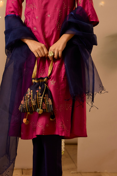 Navy Hand Embroidered Country Potli Bag Online