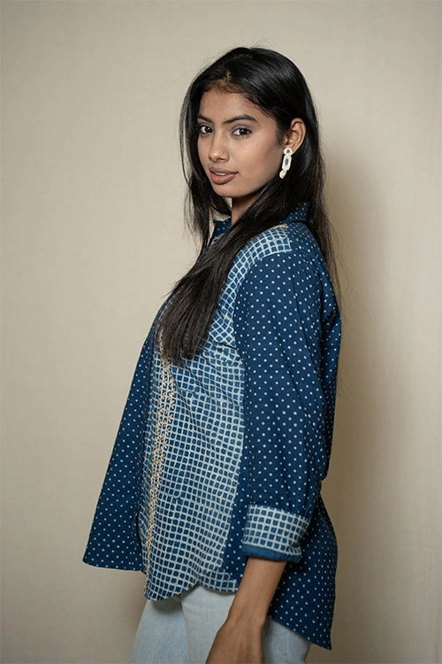 Moralfibre Indigo Print Shirt With Hand Embroidered Pannel