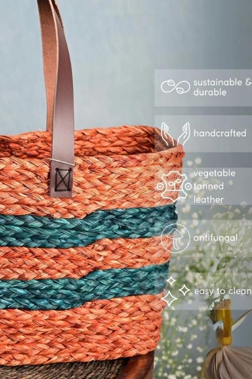 Kadam Haat Handmade Sabai Grass Shopping Bag - Orange & Indigo