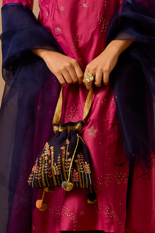 Navy Hand Embroidered Country Potli Bag Online