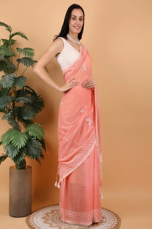 Shwet Women Peach Hand Embroidered Chikankari  Mulmul Saree