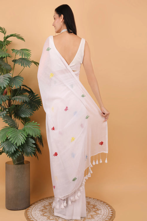 Shwet Women White Hand Embroidered Chikankari  Mulmul Saree