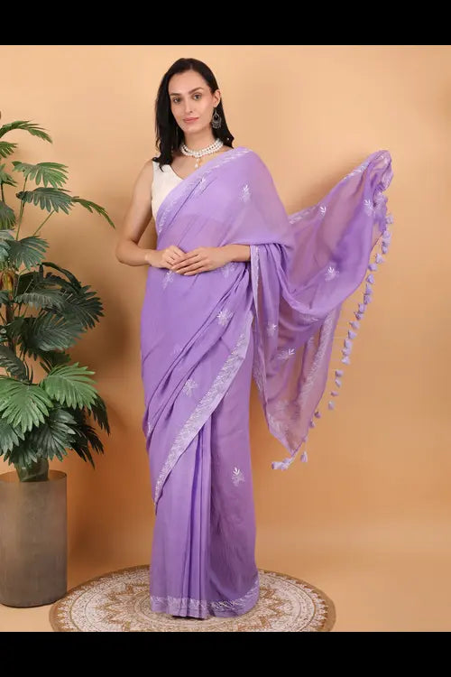 Shwet Women Purple Hand Embroidered Chikankari  Mulmul Saree