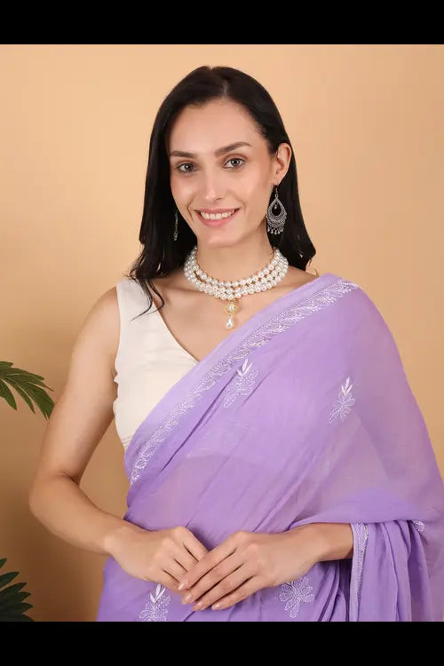 Shwet Women Purple Hand Embroidered Chikankari  Mulmul Saree