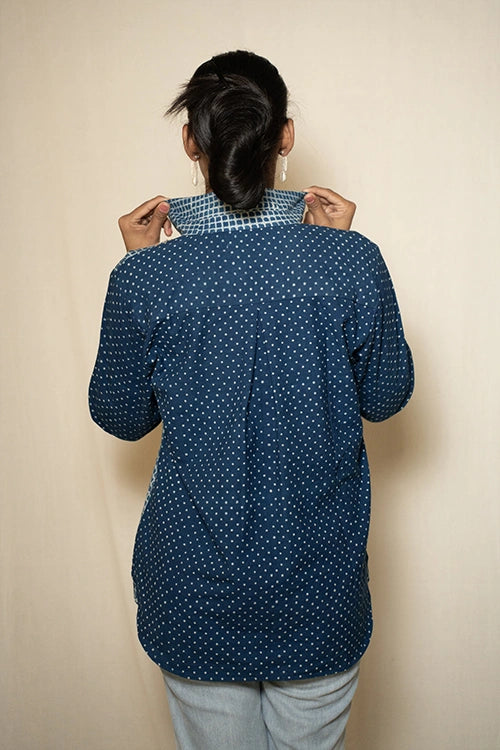 Moralfibre Indigo Print Shirt With Hand Embroidered Pannel