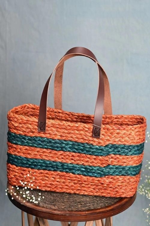 Kadam Haat Handmade Sabai Grass Shopping Bag - Orange & Indigo