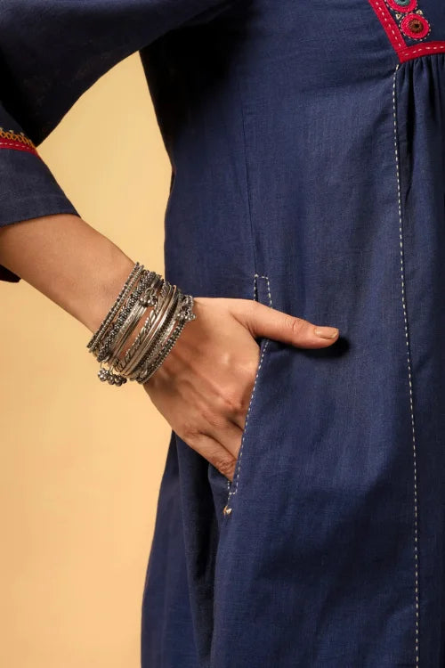 Rangsutra Kaanch Blue Front-Yoke Cotton Kurta With Pacca Hand Embroidery