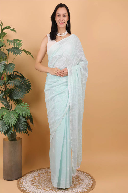 Shwet Women Hand Embroidered Sea Blue Kota Cotton Chikankari Saree