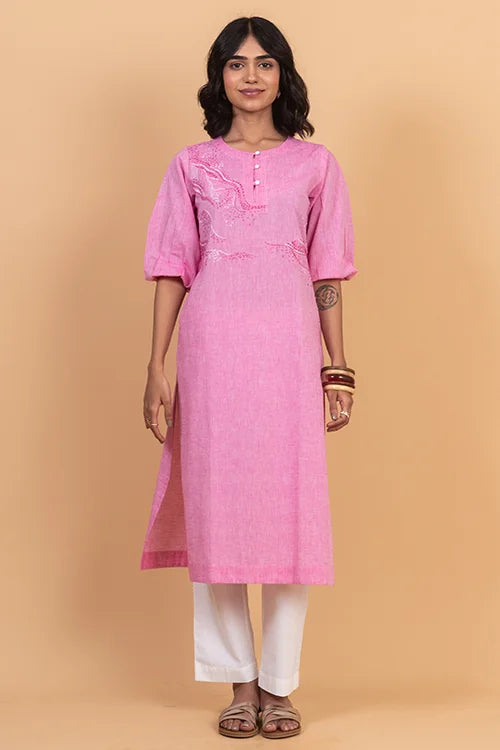 Okhai 'Hibiscus' Hand Embroidered Pure Cotton Kurta