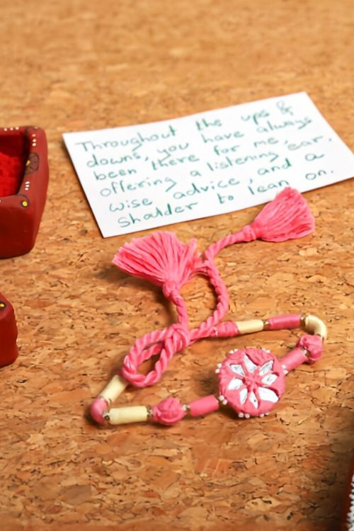 Antarang- Patwa Mirror Work, 100% Cotton, Bhai Rakhi Set. Light Pink-Yellow Made By Divyang Rural Women.