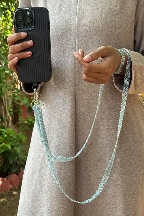 Antarang- Blue-Silver- Multi Use Handcrafted Beaded Mobile String With Attachment- Phone, Clutch & Sling Strap