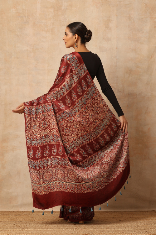 Tenaaro Ajrakh Hand Block Printed  Modal Sik Saree (Brown-19)