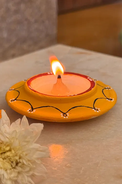 Antarang: Terracotta- Handpainted - Yellow Disc Diya Set Of 8