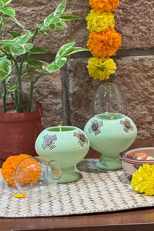 Antarang- Traditional Oil Lamps- Akhand Diyas- Green(Set Of 2)