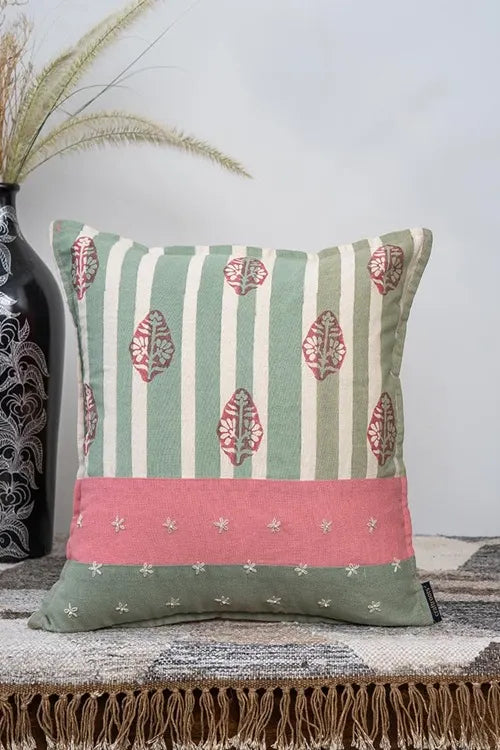 Craftroots Peach & Mint Green Block Print And Aari Work Daisy Cushion Cover Set Of 2