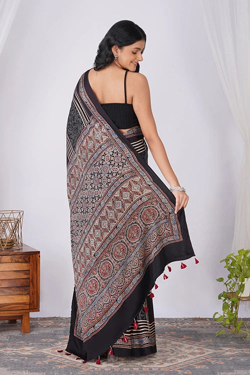 TENAARO  Checkmate Black Ajrakh Hand Block Printed Modal Silk Saree