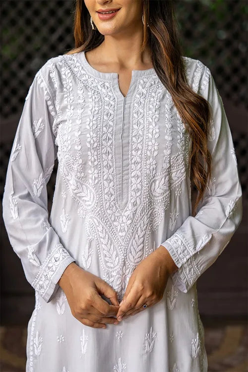 Craftroots Modal Grey Chikankari Kurta