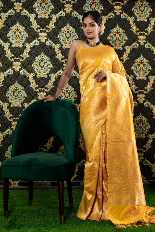 Yellow Handloom Banarasi Pure Katan Silk Cutwork Jaal  Saree