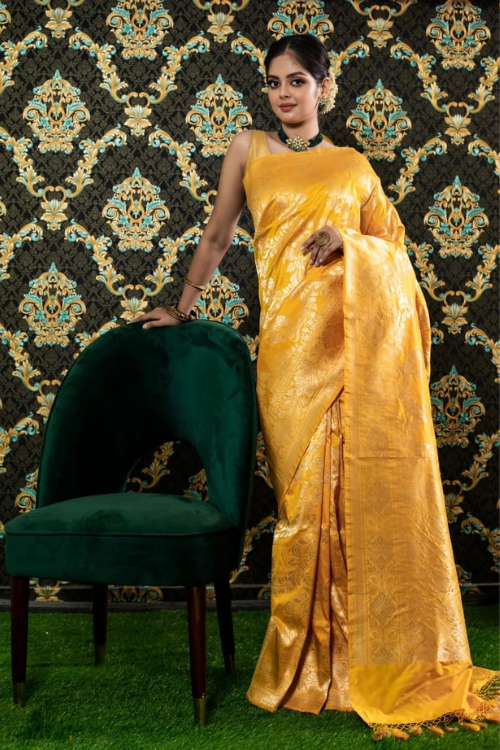 "VWAS" Yellow Handloom Banarasi Pure Katan Silk Cutwork Jaal  Saree