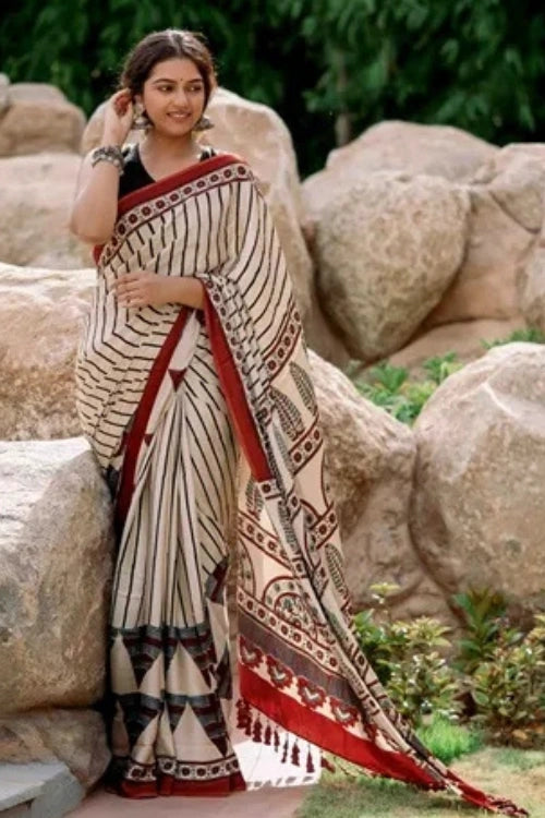 Craftroots Ajrakh Modal Silk Red and White Saree