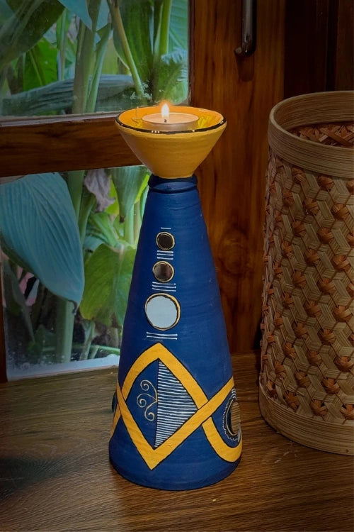 Antarang: Terracotta- Handpainted - Blue Rhythm Long Diya