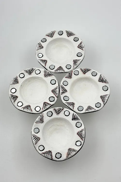 Antarang: Terracotta- Handpainted - White Flower Diya Set Of 6