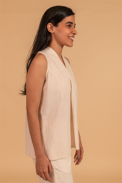 Moralfibre Over Lapping V Neck Incut Sleeve Top From "Shapes Collection " - Ecru