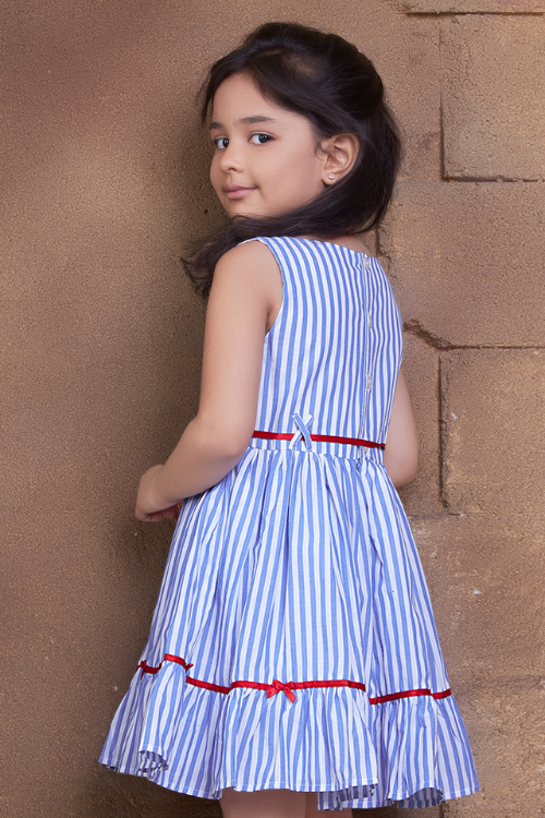 Soleilclo "Coastal Charm" Sleeveless Blue Striped Cotton Dress With Satin Belt And Bows