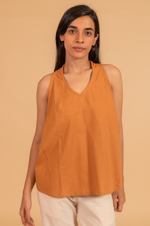 Moralfibre V Neck Incut Sleeves Top With Elasticated Side Panel From "Shapes Collection " - Golden Brown