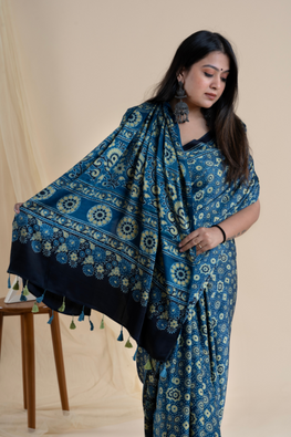 Jahangir Khatri-Traditional Ajrakh Hand Block Printed & Natural Dyed Modal Saree With Tassels - Indigo Blue
