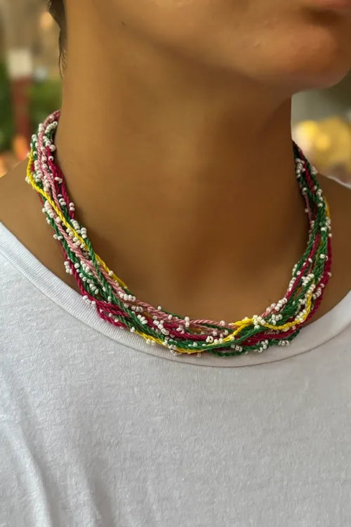 Antarang- Sakhi Navrang Neckpiece- [Yellow,Pink,Green]- Threads & Beads