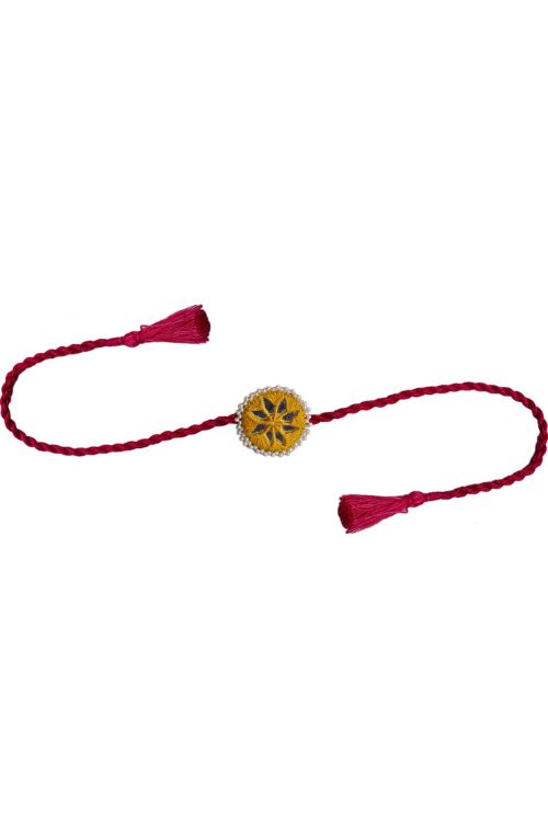 Antarang  (Set Of 2)  Mirror Work, 100% Cotton, Kajal Bhai Rakhi. Yellow-Red. Made By Divyang Rural Women