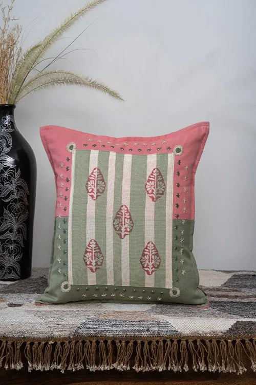Craftroots Peach & Mint Daisy Hand-Embroidered Cushion Cover Set Of 2