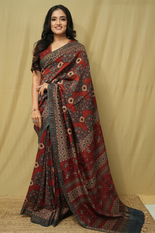 Chaderi Red Ajrakh Print Saree | Jabbar Khatri