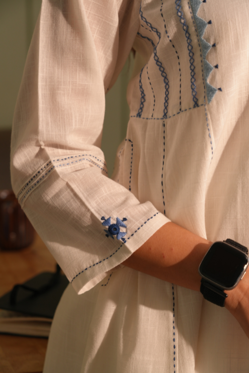 Rangsutra Dhwani White- Blue Flared Cotton Kurta With Soof Hand Embroidery