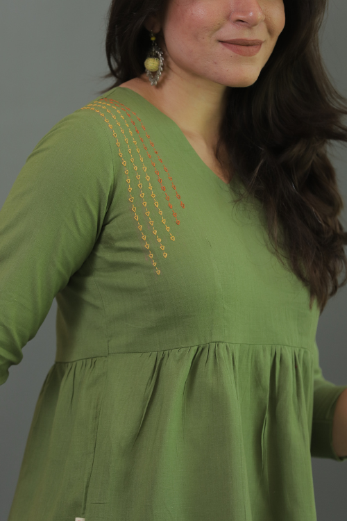 Moralfibre Olive Green Minimal Embroidered Short Dress