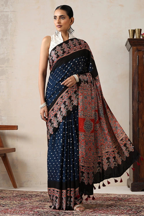 Jahangir Khatri - Red & Prussian Blue Ajrakh & Bandhani Modal Saree